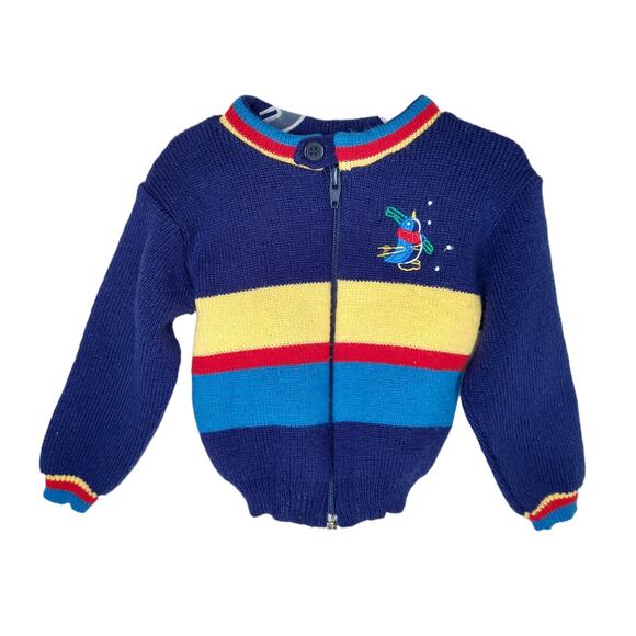 Vintage 80's Blue Baby Sweater size 18 Months Embroidered Penguin Zip up - Picture 1 of 4